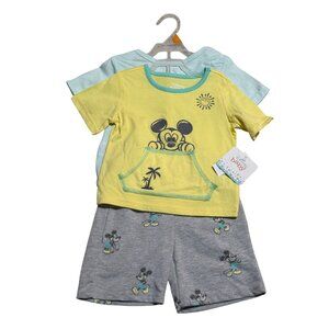 NWT Disney Baby Mickey Mouse 3-Piece Outfit Set 12M Yellow Blue Gray Shorts AOP